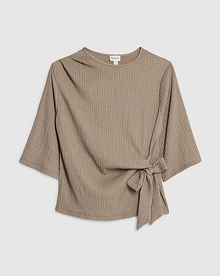 Beige Short Sleeve Textured Knot Side Top