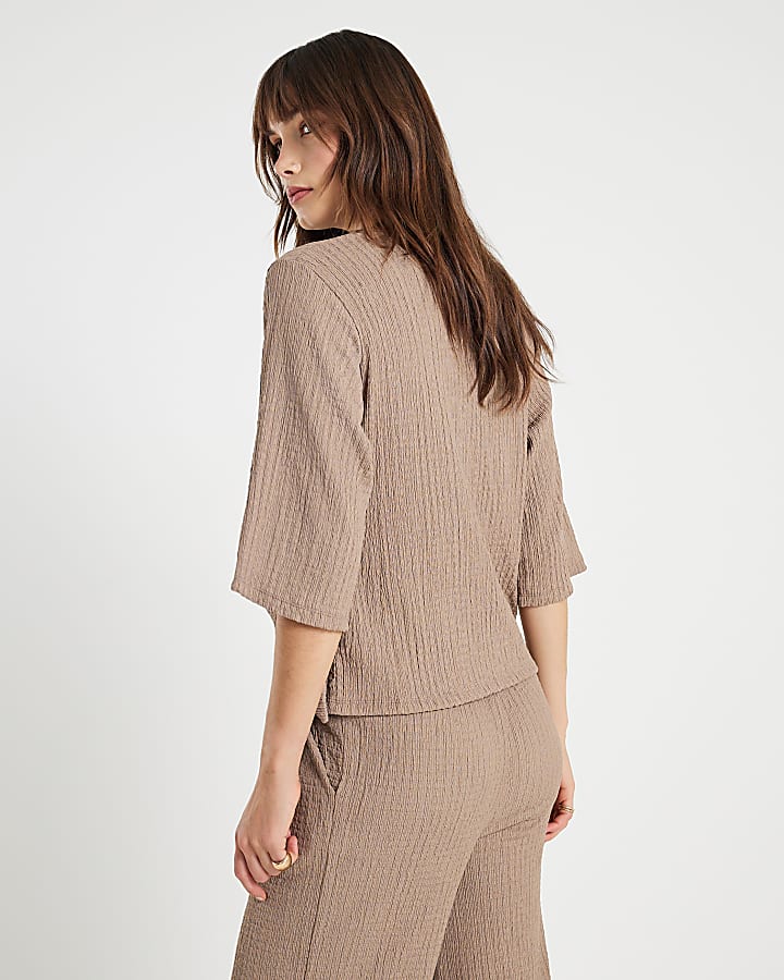 Beige Short Sleeve Textured Knot Side Top