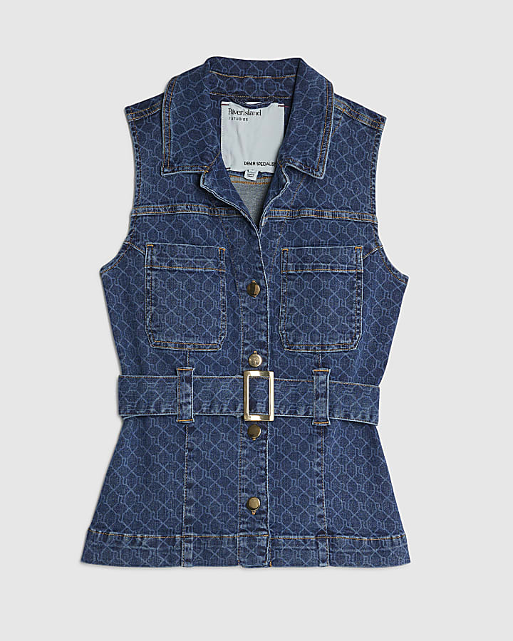 Blue Denim Sleeveless Monogram Belted Top