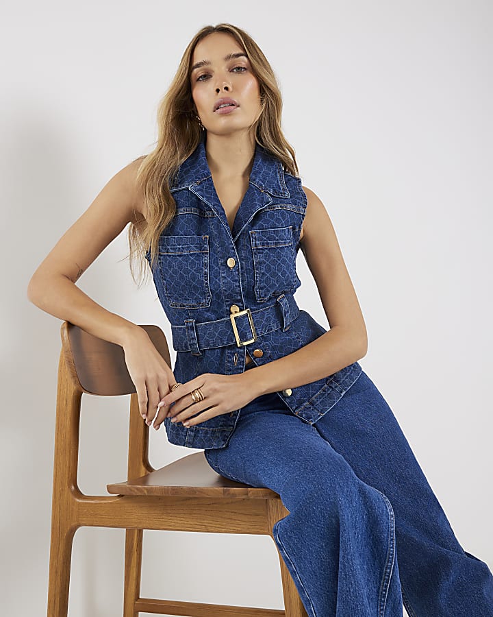 Blue Denim Sleeveless Monogram Belted Top