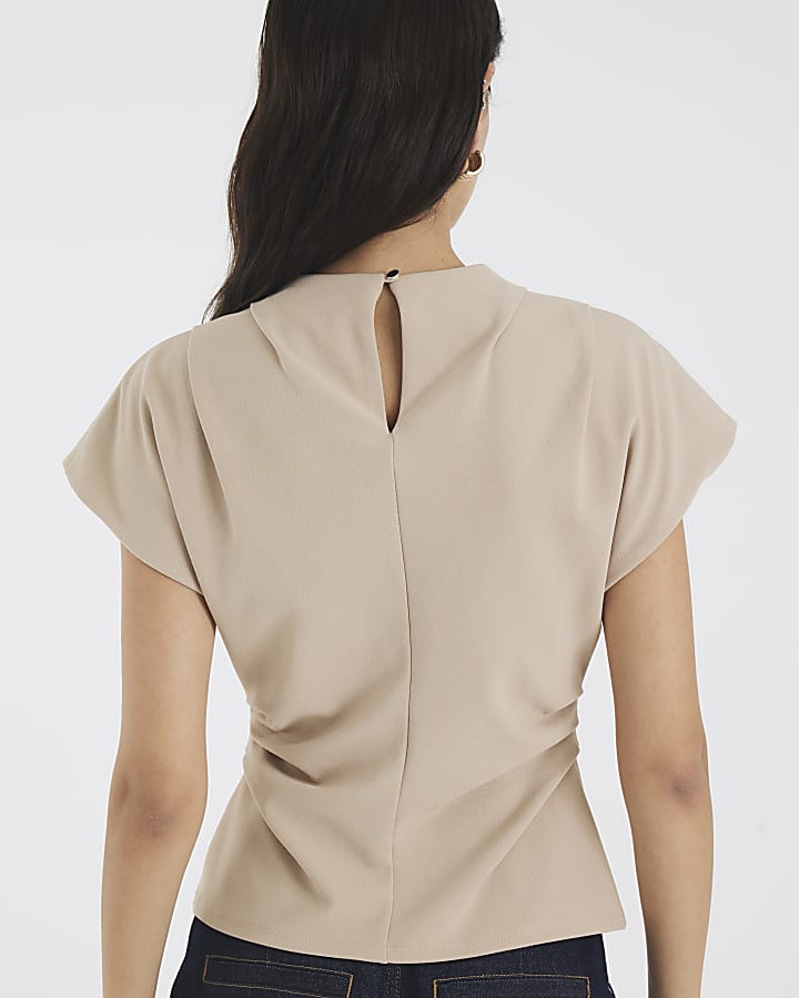 Beige Short Sleeve Ruched Top