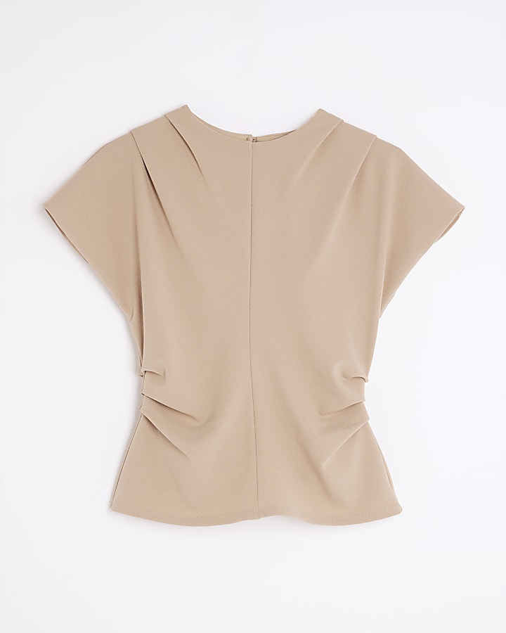 Beige Short Sleeve Ruched Top