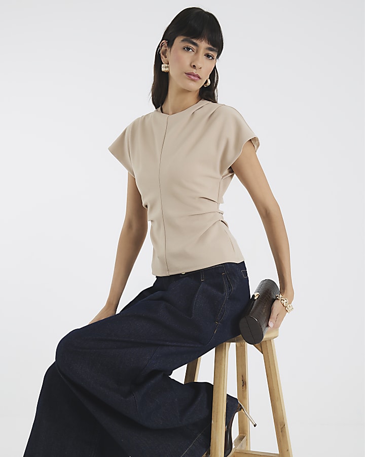Beige Short Sleeve Ruched Top