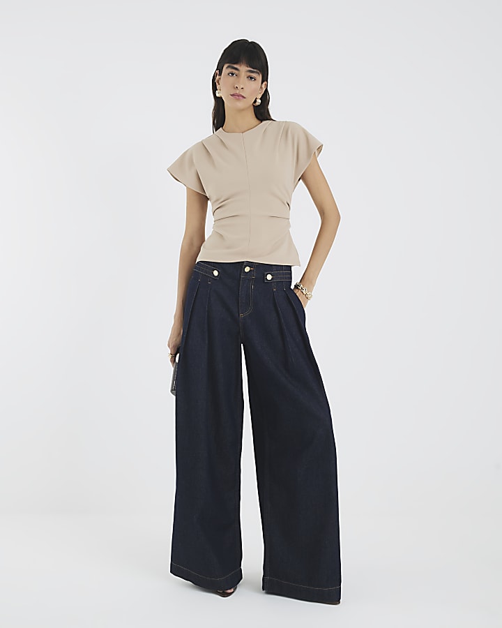 Beige Short Sleeve Ruched Top