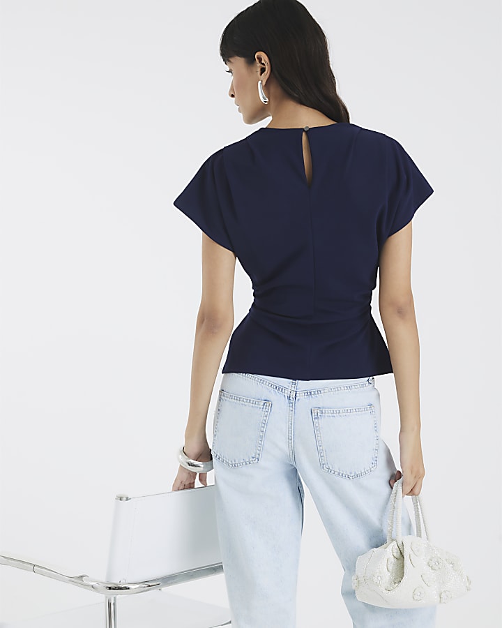 Navy Short Sleeve Ruched Top