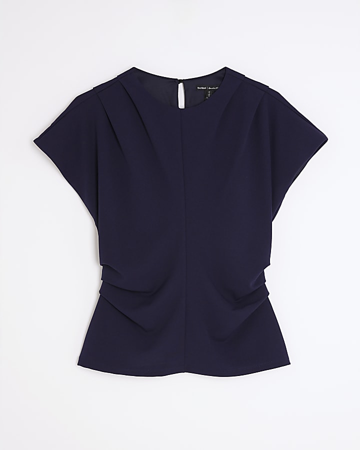 Navy Short Sleeve Ruched Top