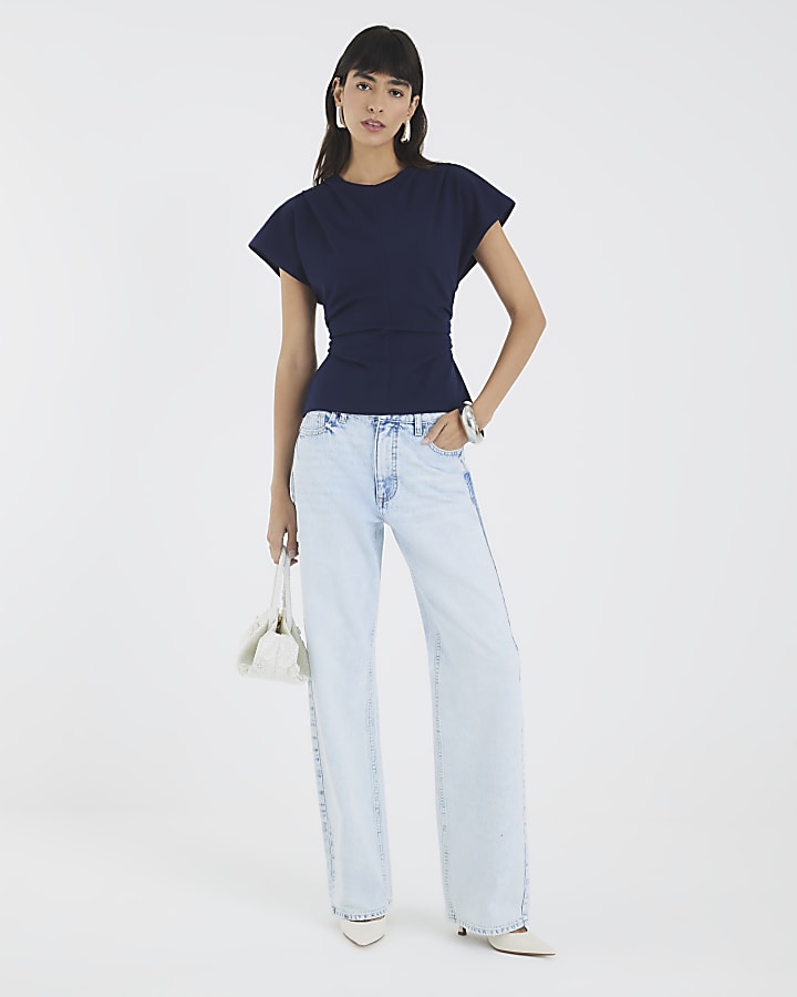 Navy Short Sleeve Ruched Top