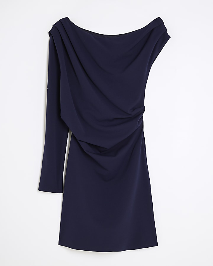 Navy Long Sleeve Asymmetric Drape Mini Dress