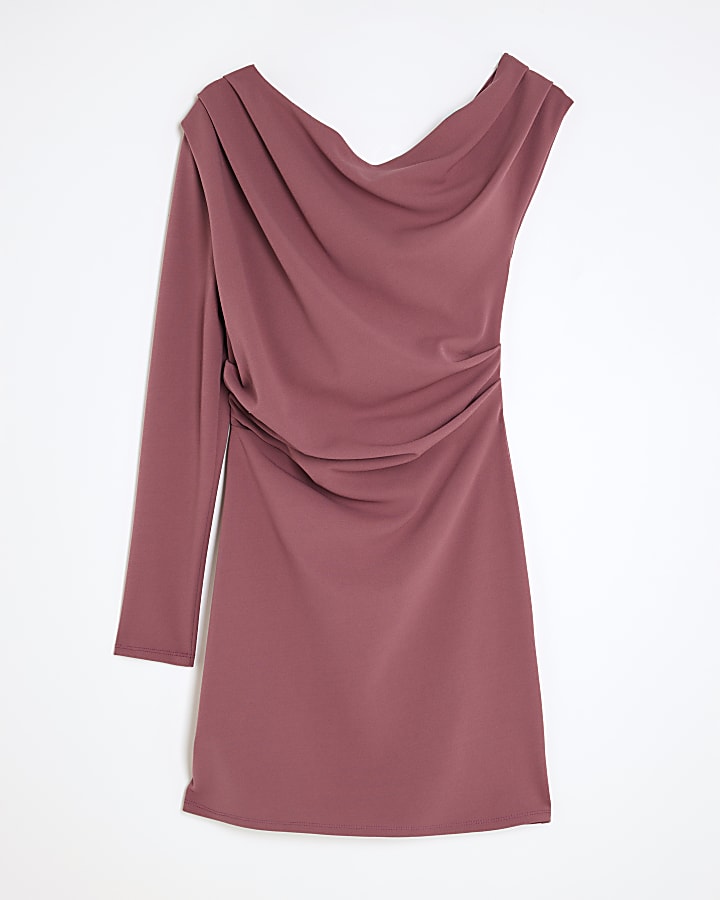 Pink Long Sleeve Asymmetric Drape Mini Dress