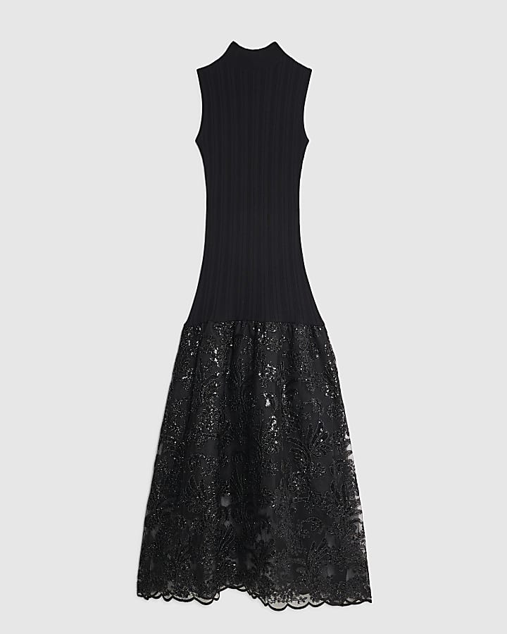 Black Knitted Hybrid Midi Dress