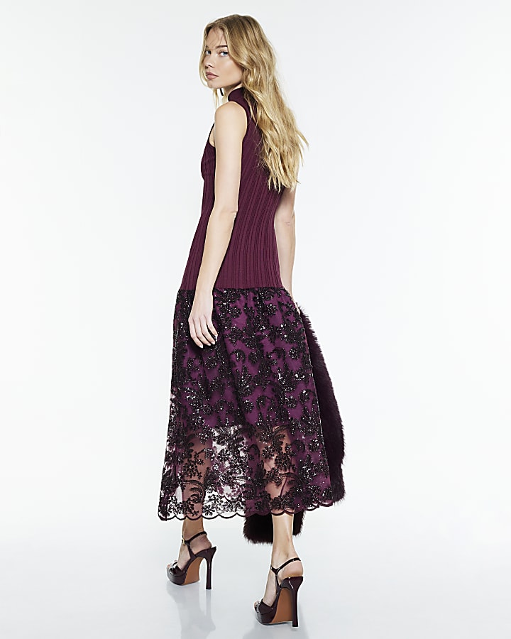 Red Knitted Hybrid Hem Midi Dress