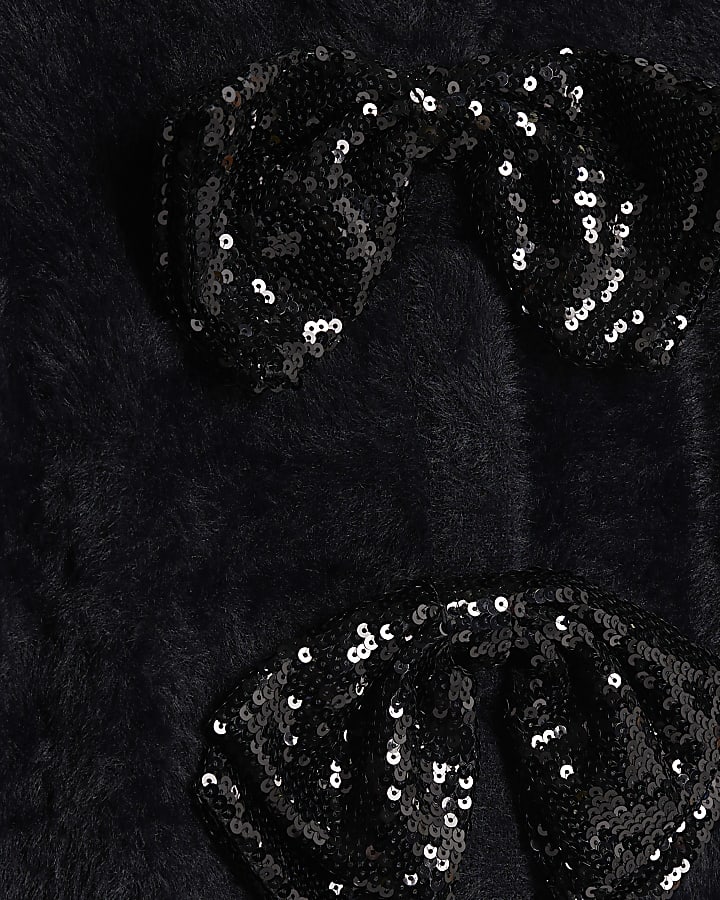 Black Long Sleeve Sequin Bow Fluffy Cardigan