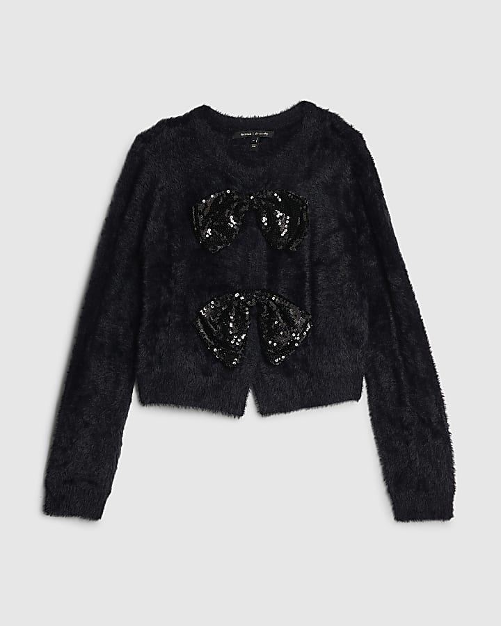 Black Long Sleeve Sequin Bow Fluffy Cardigan