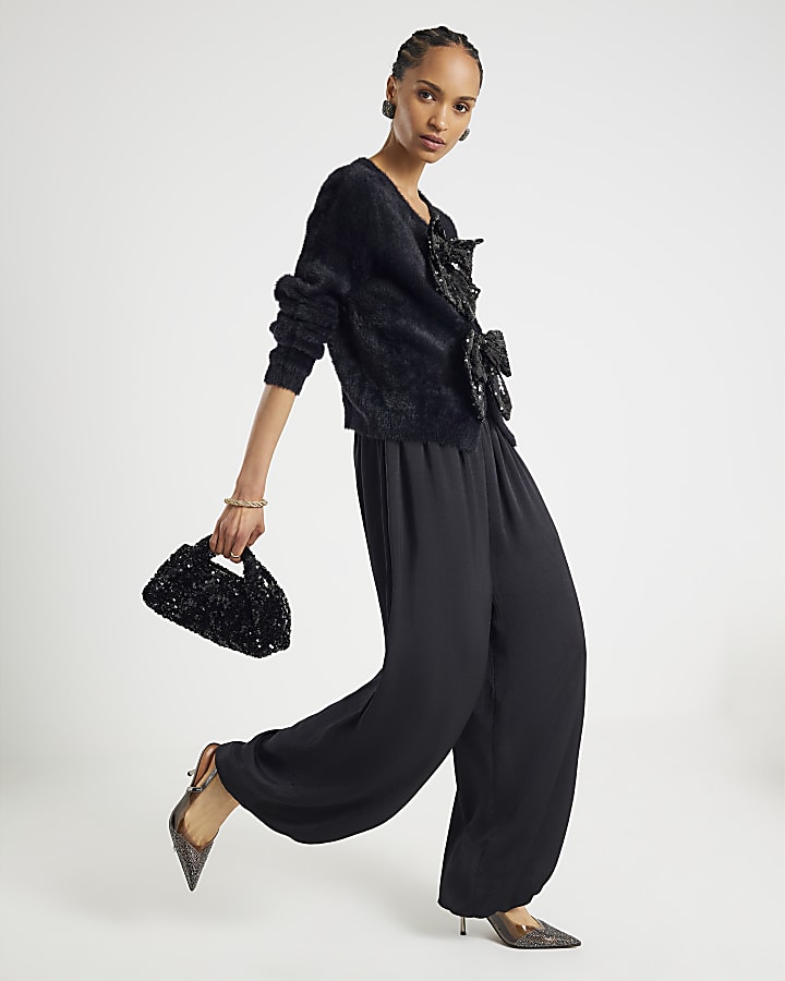 Black Long Sleeve Sequin Bow Fluffy Cardigan