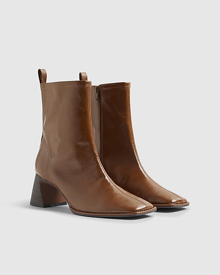 Brown Square Toe Heeled Boots