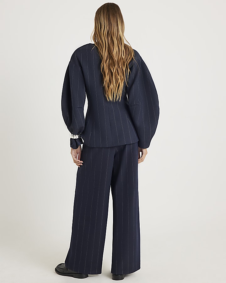 Navy Pinstripe Low Waist Belted Trousers