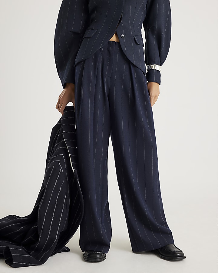 Navy Pinstripe Low Waist Belted Trousers
