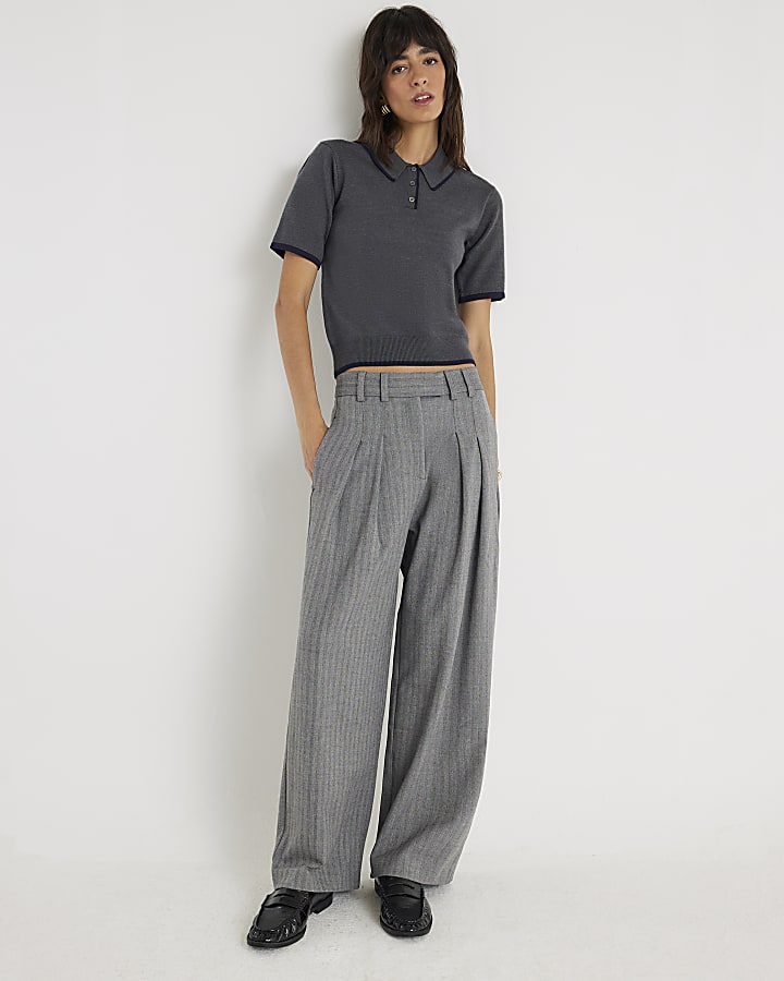 Grey Herringbone Wide Leg Trousers