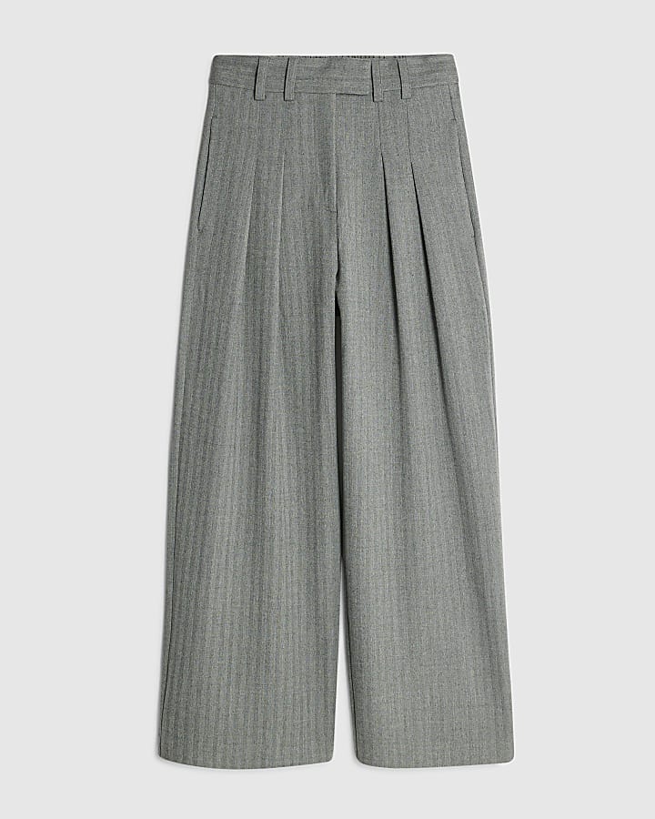 Grey Herringbone Wide Leg Trousers