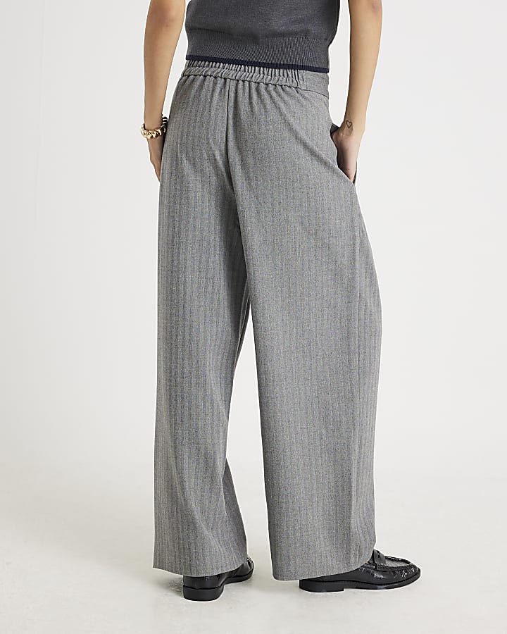 Grey Herringbone Wide Leg Trousers