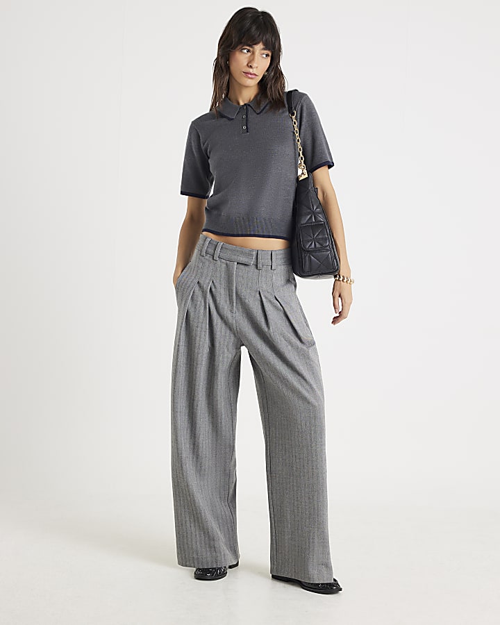 Grey Herringbone Wide Leg Trousers