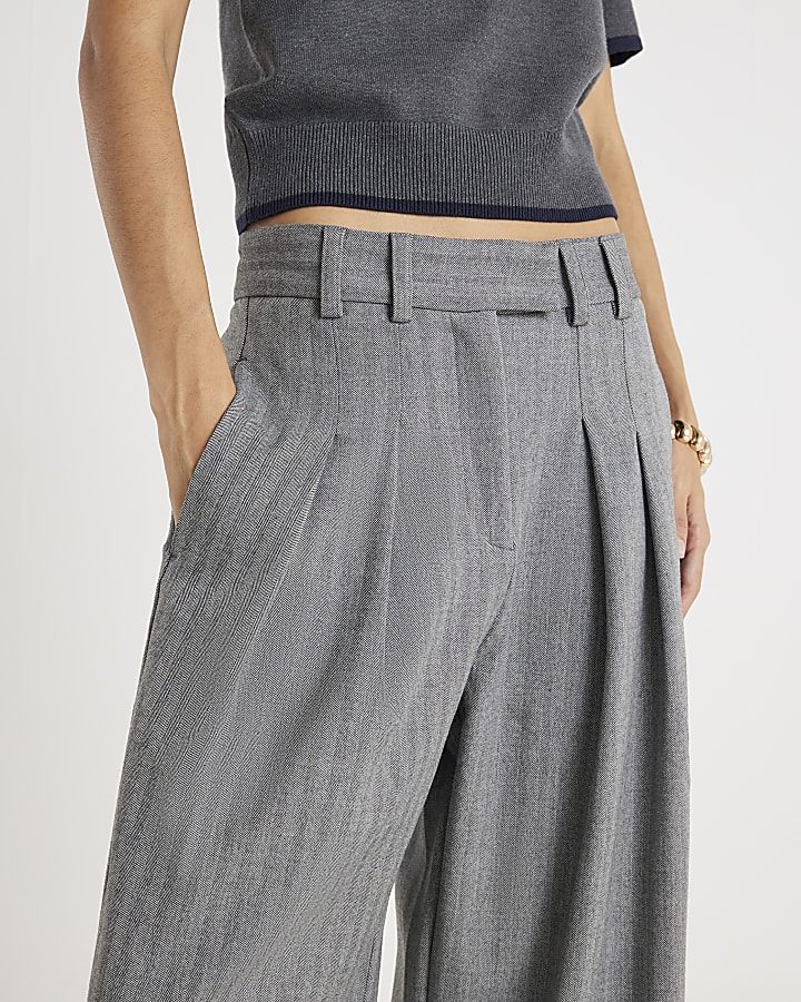 Grey Herringbone Wide Leg Trousers