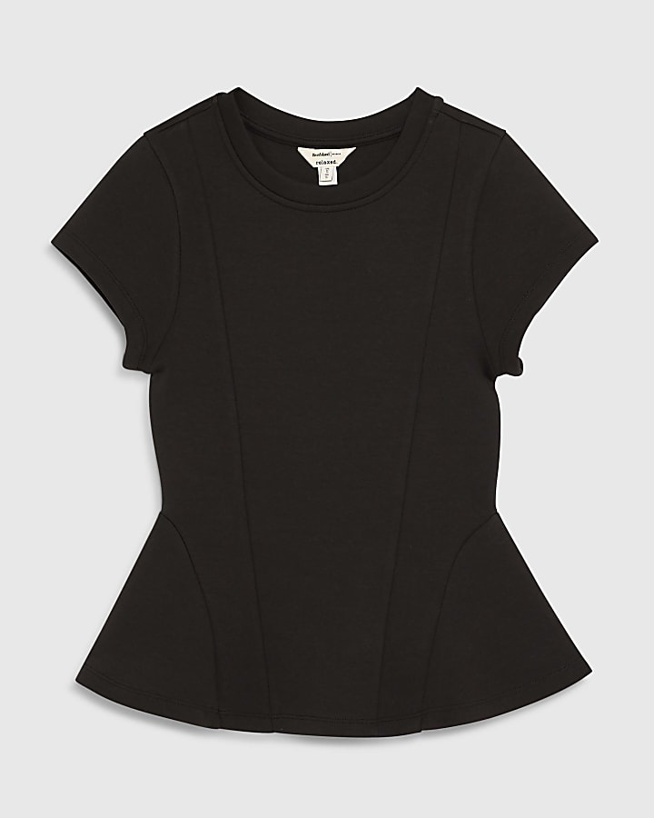 Black Short Sleeve Seamed Neoprene Peplum Top