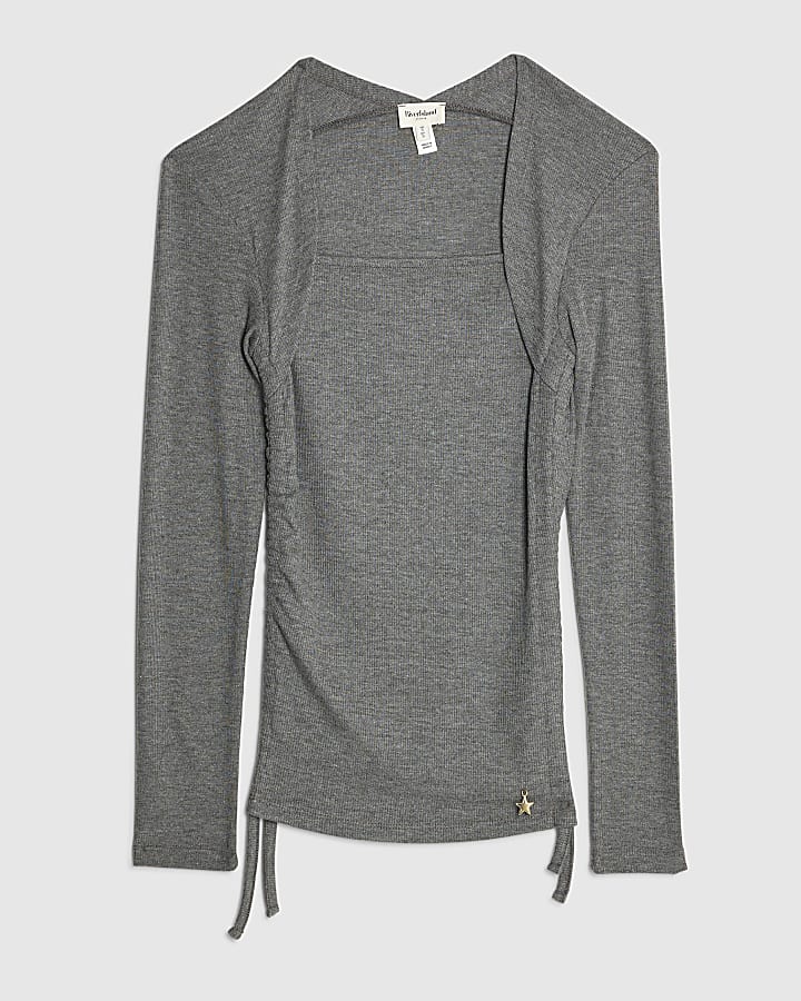 Grey Long Sleeve Ruched Side Ribbed Top