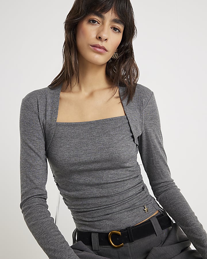 Grey Long Sleeve Ruched Side Ribbed Top