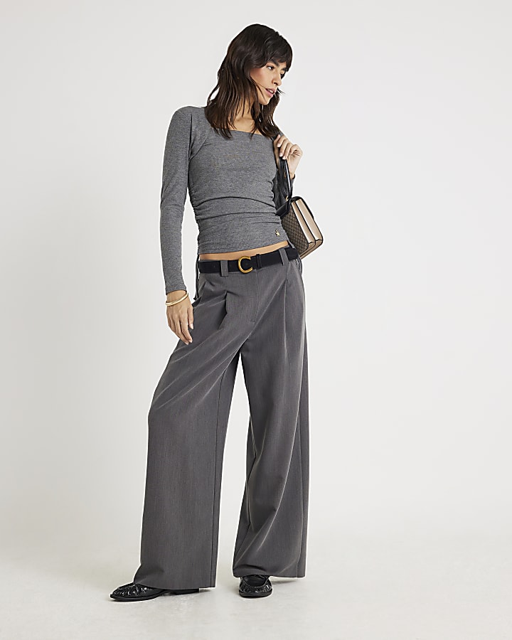 Grey Long Sleeve Ruched Side Ribbed Top