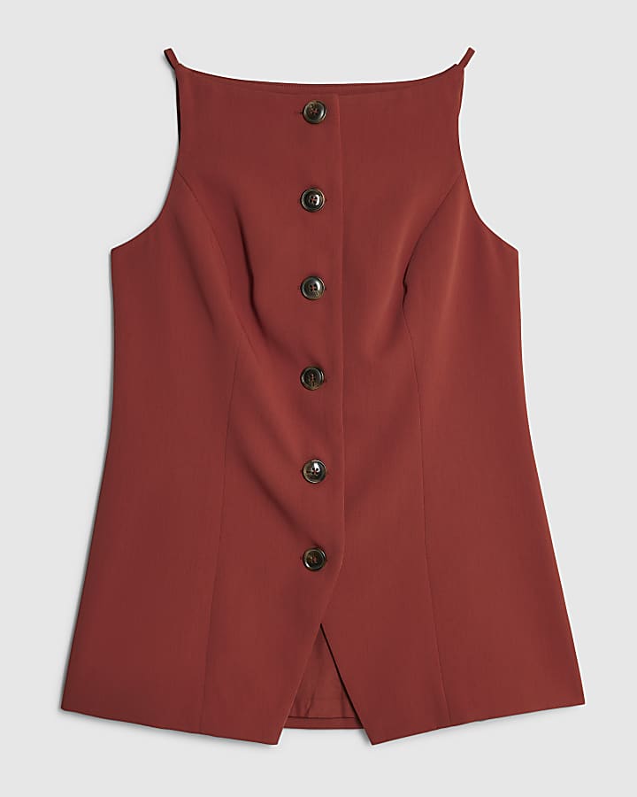 Red High Neck Fitted Waistcoat