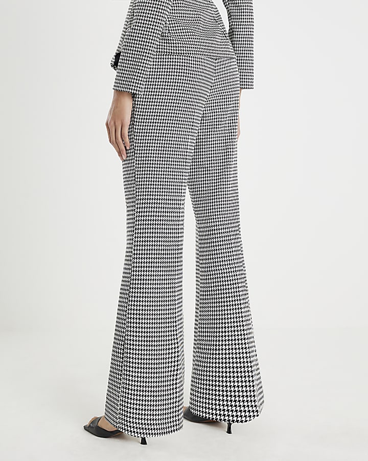 Black Dogtooth Print Flared Trousers