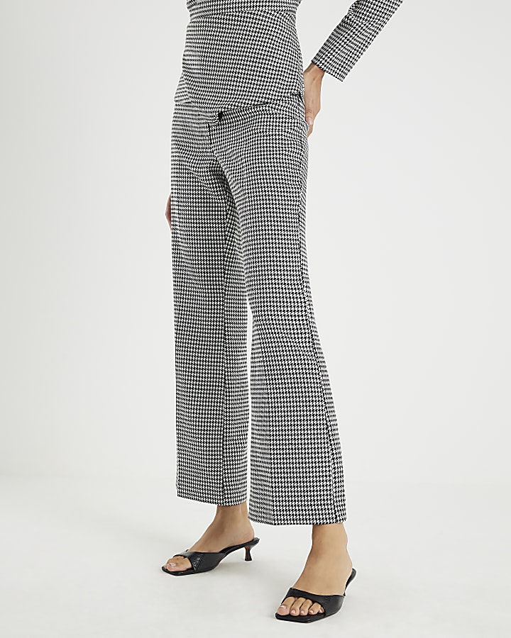 Black Dogtooth Print Flared Trousers