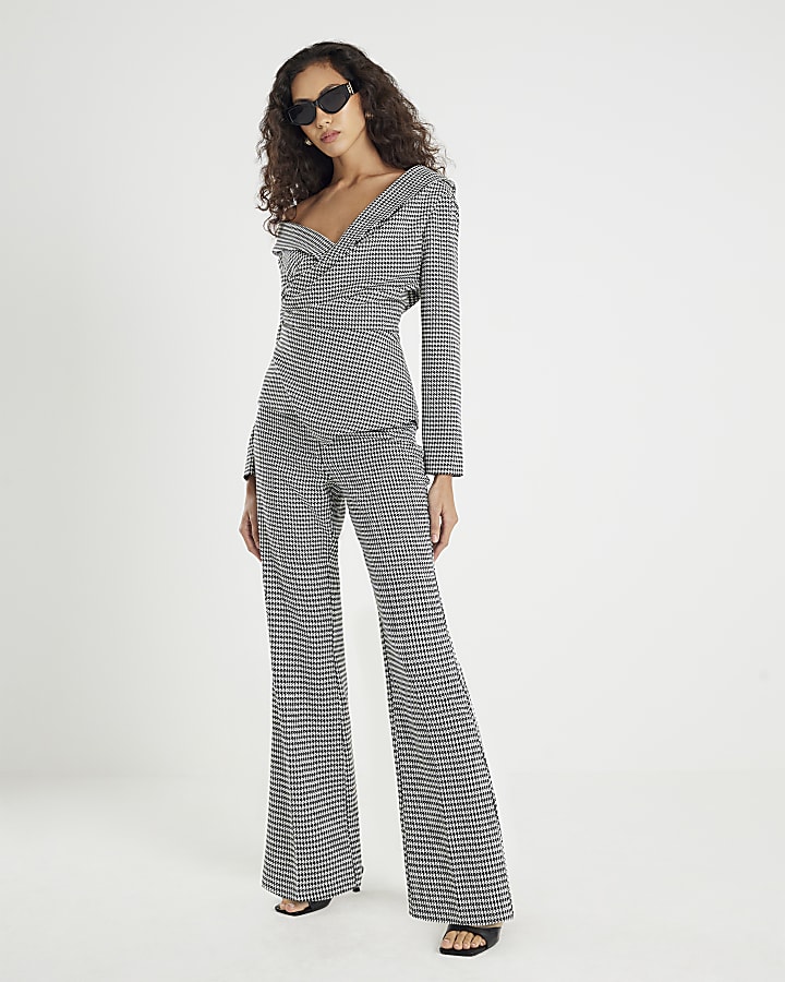 Black Dogtooth Print Flared Trousers