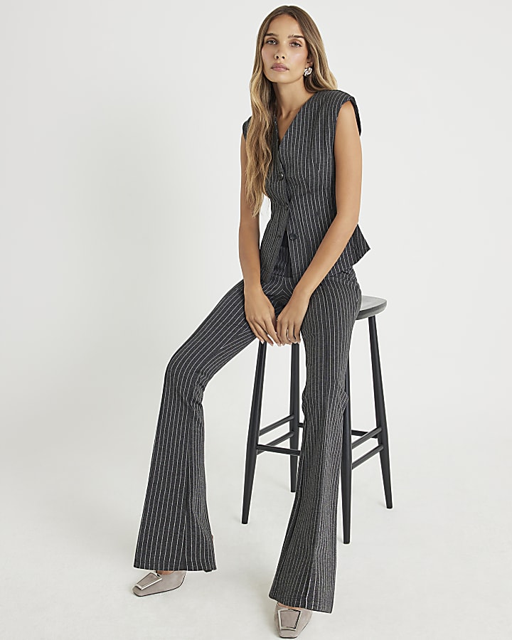 Grey Pinstripe Flared Leg Trousers