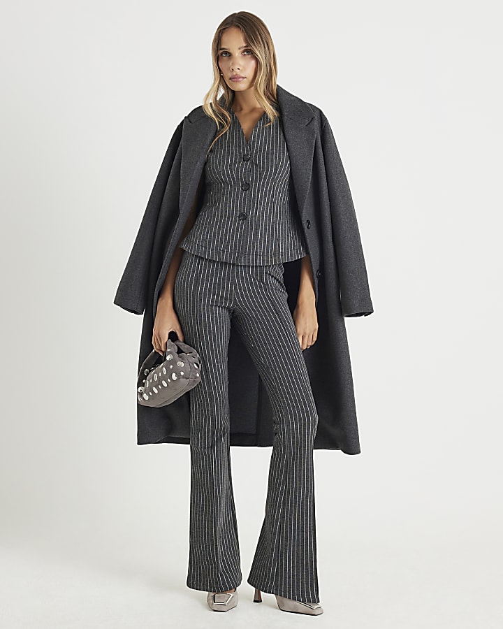 Grey Pinstripe Flared Leg Trousers