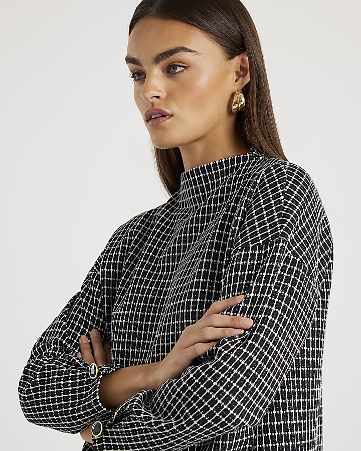 Black Long Sleeve Boucle Check Top