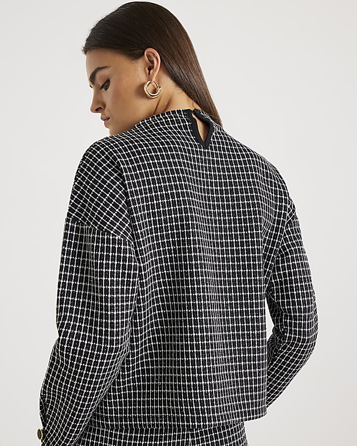 Black Long Sleeve Boucle Check Top
