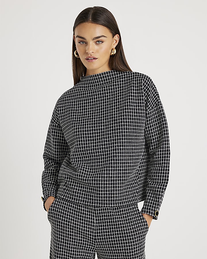 Black Long Sleeve Boucle Check Top