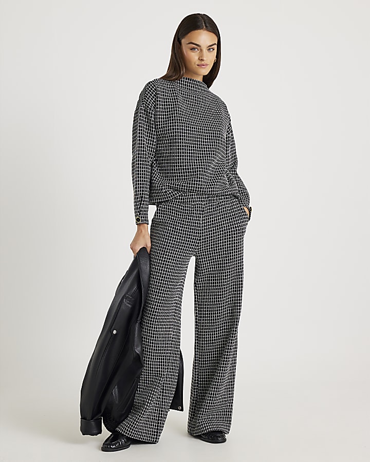 Black Long Sleeve Boucle Check Top