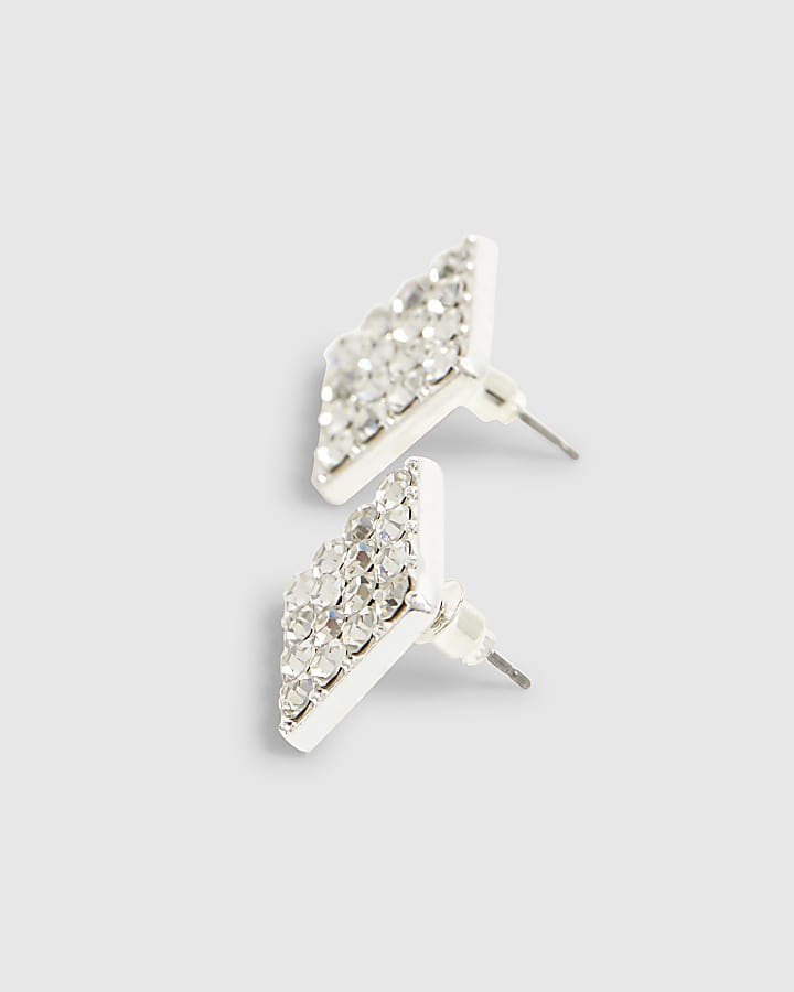 Silver Square Diamante Stud Earrings