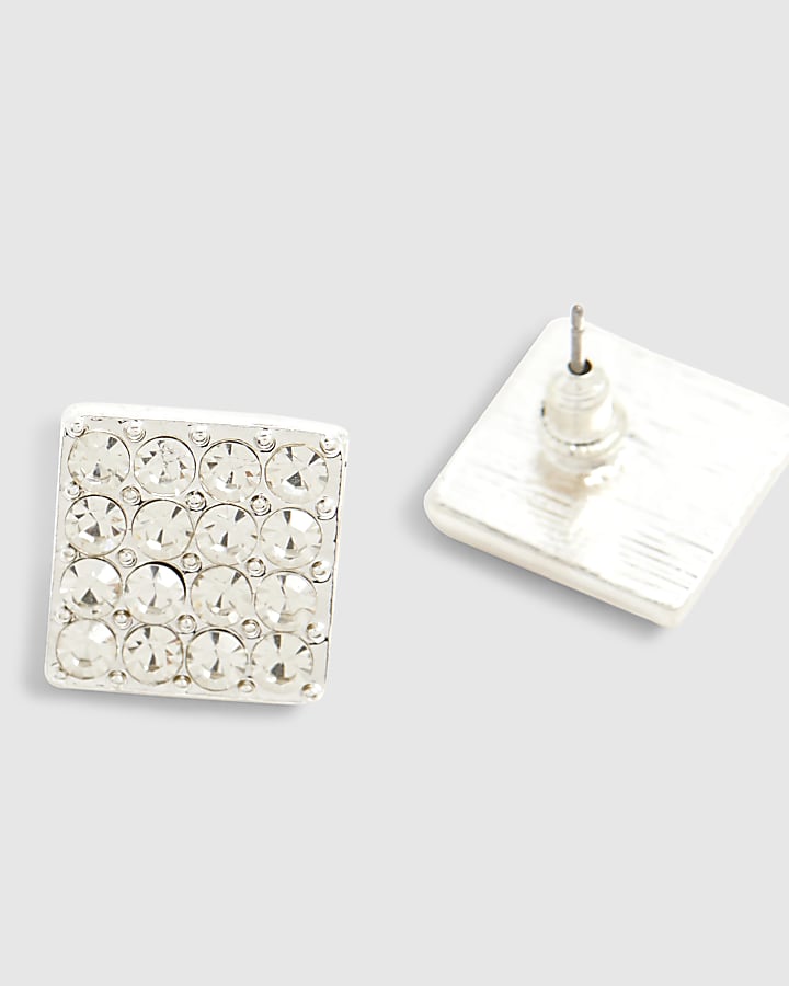 Silver Square Diamante Stud Earrings