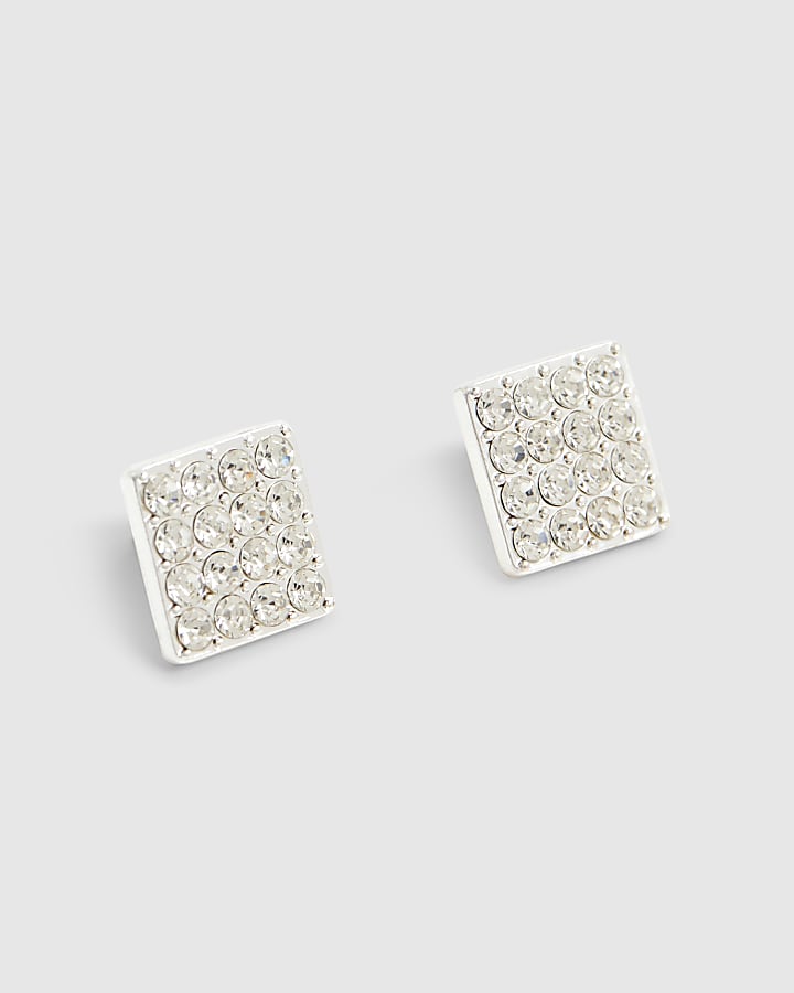 Silver Square Diamante Stud Earrings