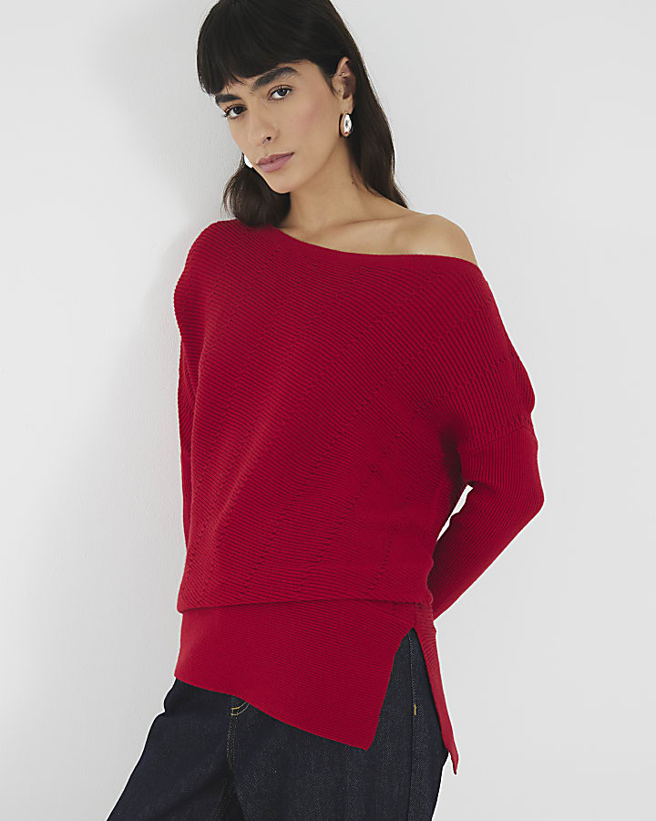 Red Cable Stitch Asymmetric Jumper