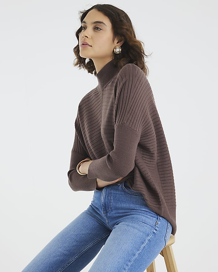Brown Knitted High Neck Ribbed Jumper