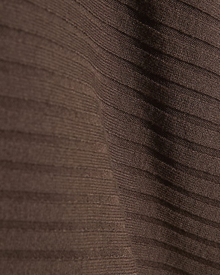 Brown Knitted High Neck Ribbed Jumper