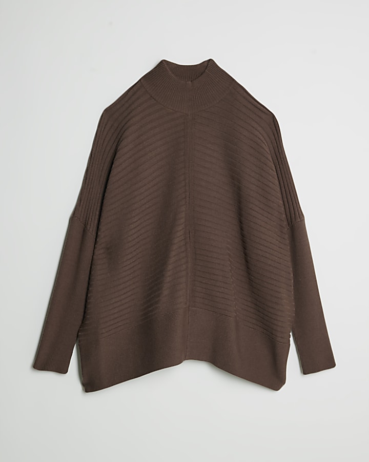 Brown Knitted High Neck Ribbed Jumper
