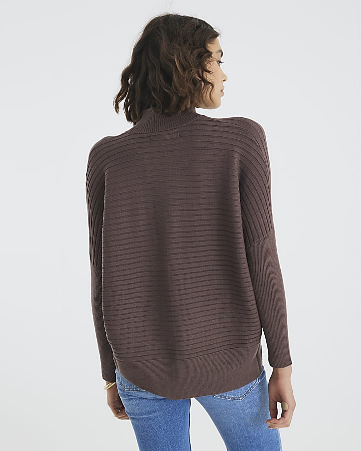 Brown Knitted High Neck Ribbed Jumper