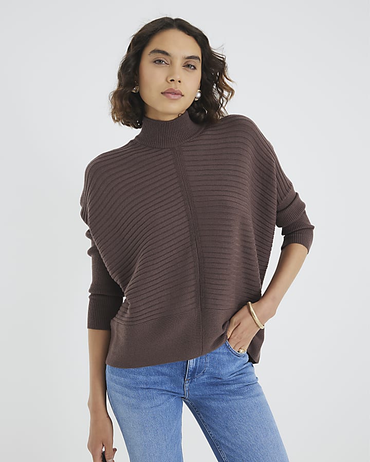 Brown Knitted High Neck Ribbed Jumper