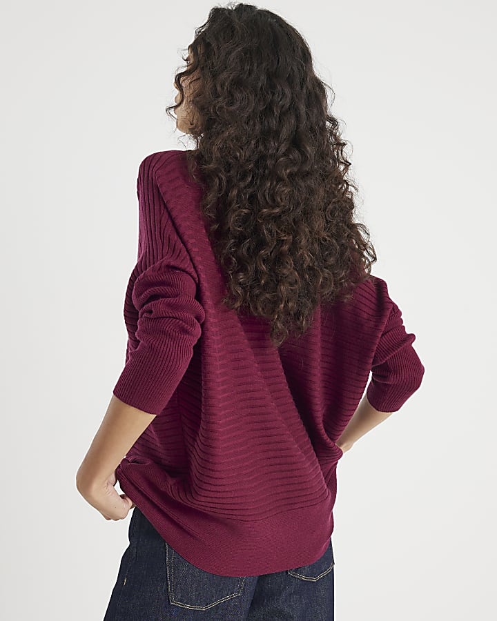 Red Knitted High Neck Ribbed Jumper
